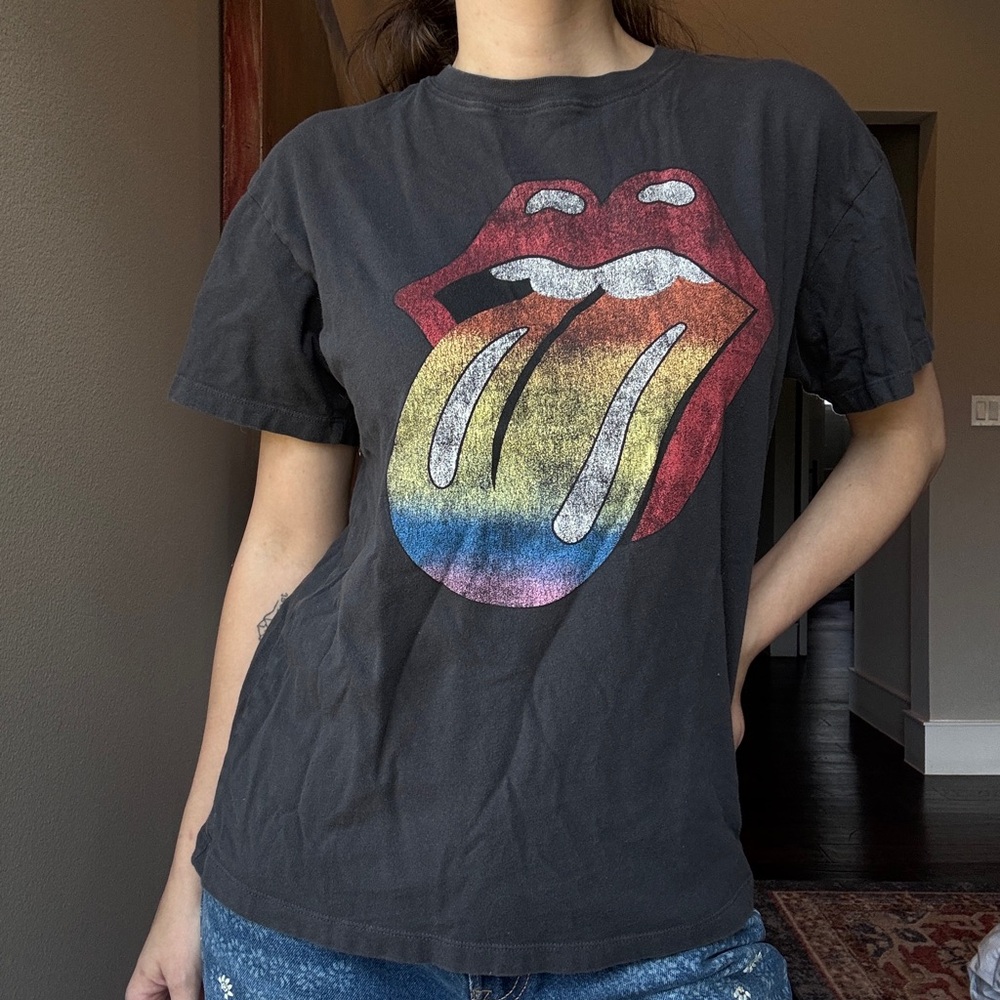 H&M The Rolling Stones Rainbow Tongue Graphic Tee Gray Oversized Band Shirt